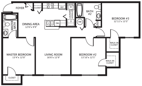 3 Bedroom Floor Plan at Grande Oaks Apartments in Tampa FL